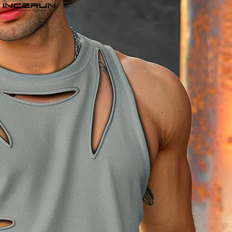 2024 Men T Shirt Solid Color O-neck Short Sleeve Hollow Out Irregular Vests Streetwear Sexy Fashion Summer Men Clothing INCERUN