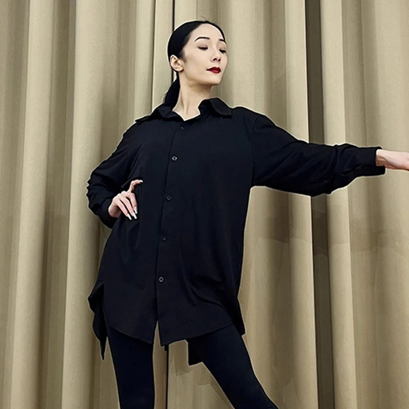 New Latin Dance Shirts For Women Long Sleeves Black Cardigan Adult Rumba Cha Cha Samba Dance Practice Clothes Loose Dress V19177 - Image 3