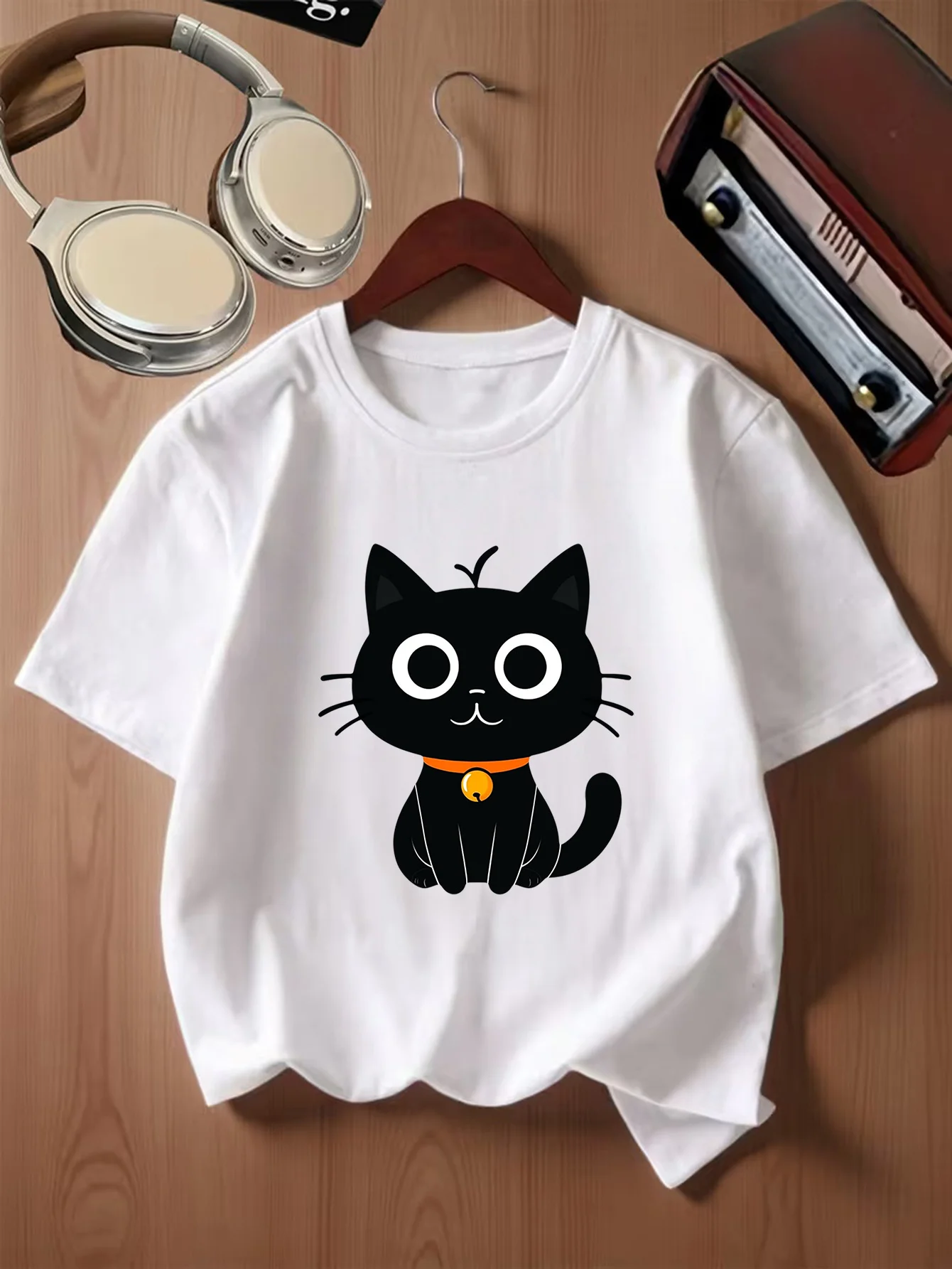 Lovely Sitting Black Kitten Orange Collar Bell Animal Print Kids T Shirt Boys Girls Family Matching Summer Crew Neck Casual Tee
