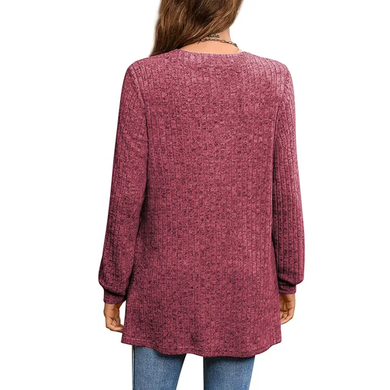 2024 Women\'s Spring Autumn Pullover V-Neck Comfort Stretch Solid Color Knitted Shirt Long Sleeved Side Split Loose Pockets Tops