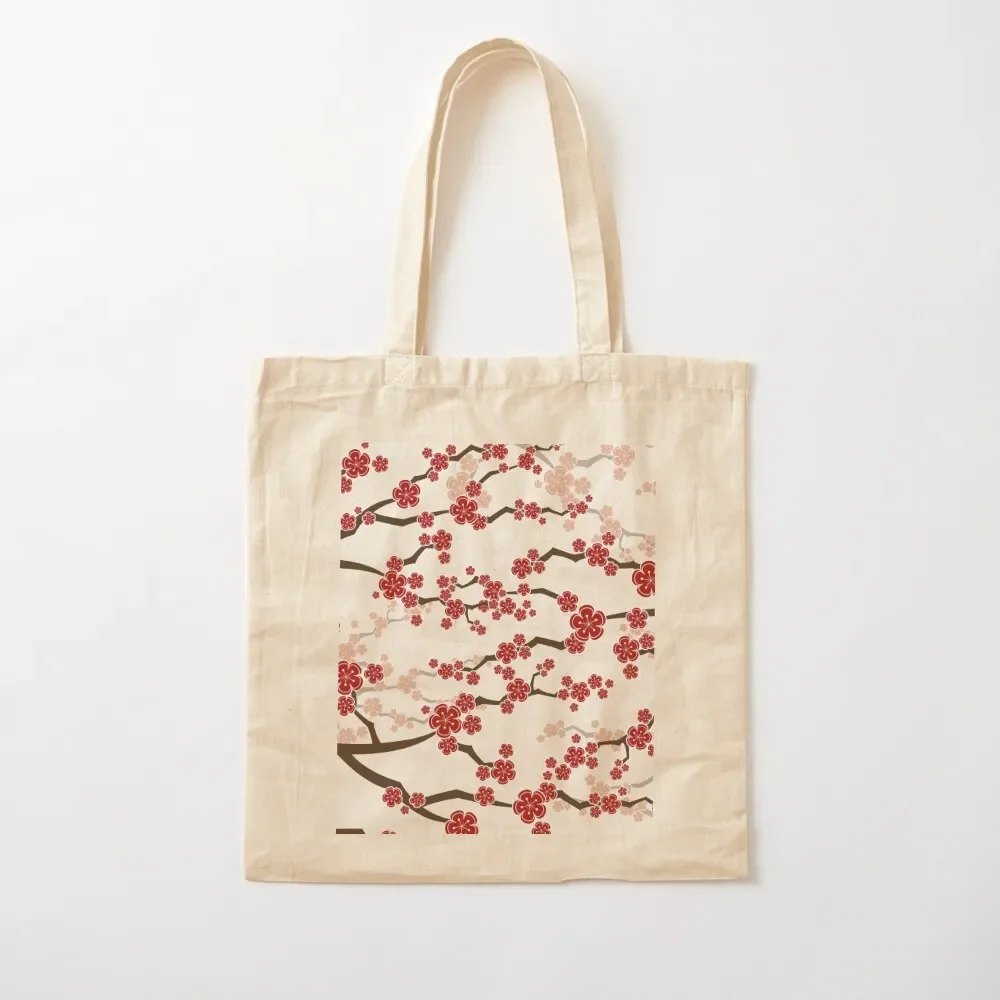 Red Oriental Cherry Blossoms On Ivory Zen Japanese Sakura Flowers ? fatfatin Tote Bag Fabric bag reusable shopping bag