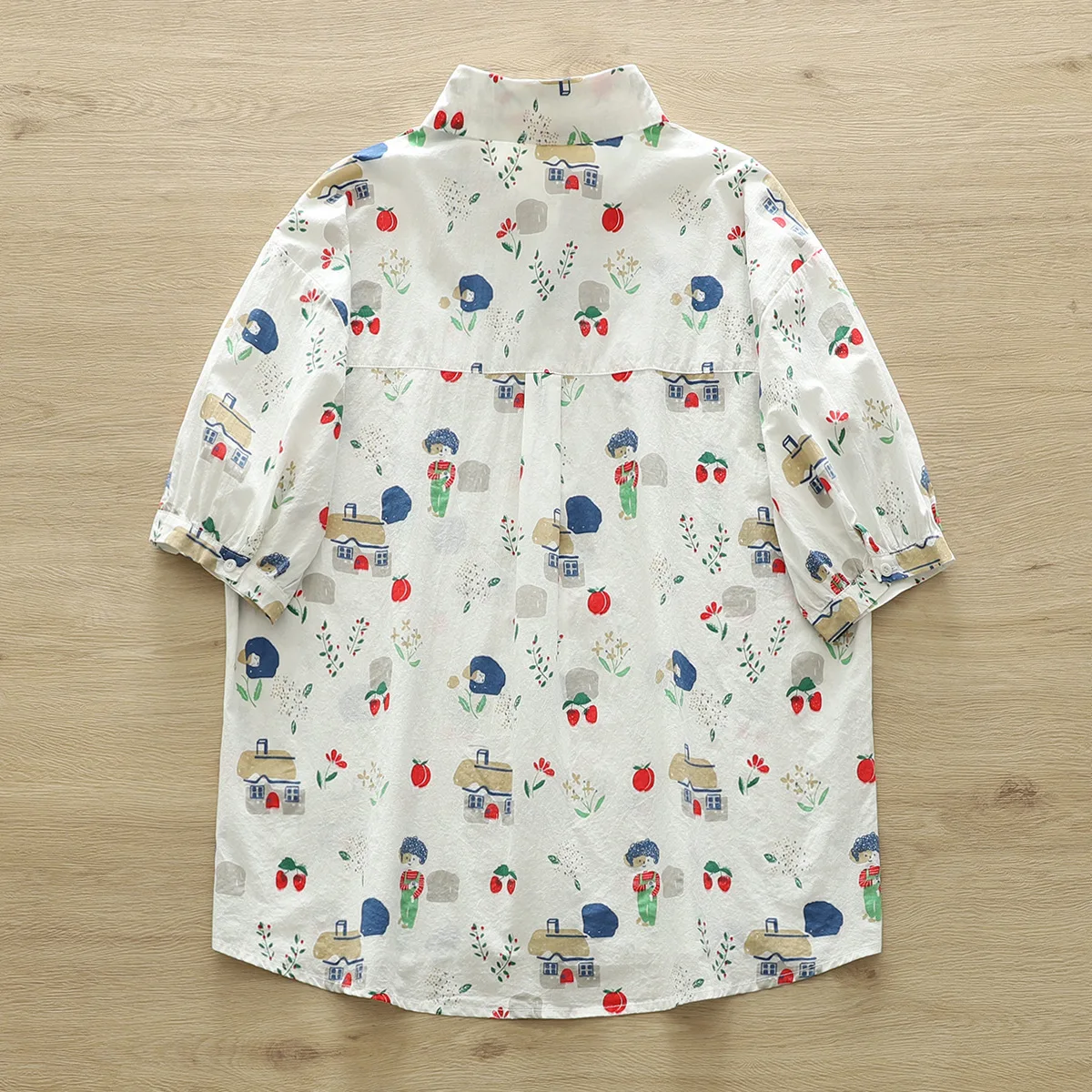 New Spring Cotton Shirt Women Short Sleeve Cartoon Printed Tops Girl Simple Fashion Casual Blouses 2024 Summer T45303QM