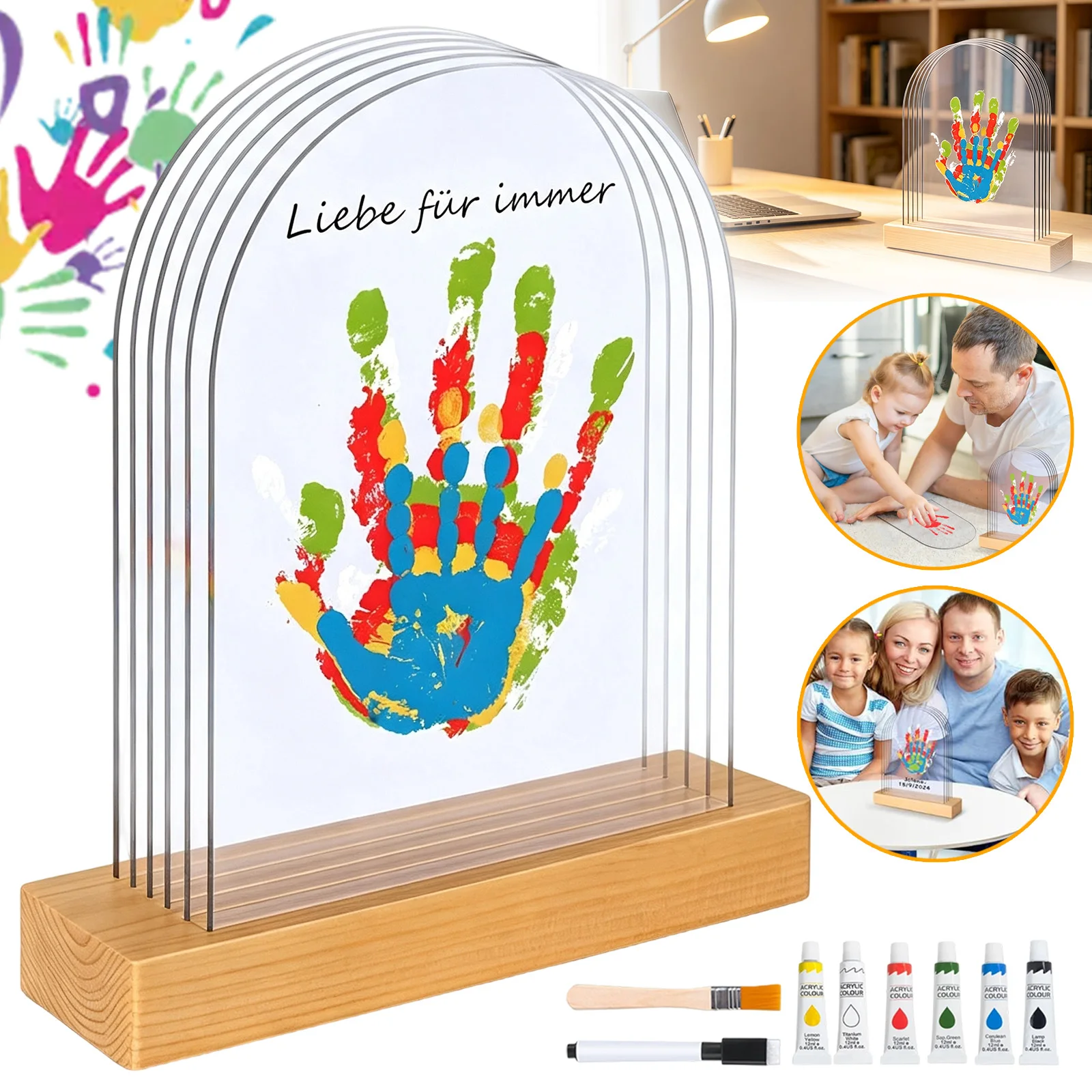 Kit d'empreintes de mains en acrylique à 5 couches avec 6 couleurs de peinture, pinceau et marqueur effaçable, kit d'empreintes de mains familial DIY, souvenir familial créatif pour les empreintes de mains et de pieds de bébé, ornements de bureau, cadeau de Noël familial