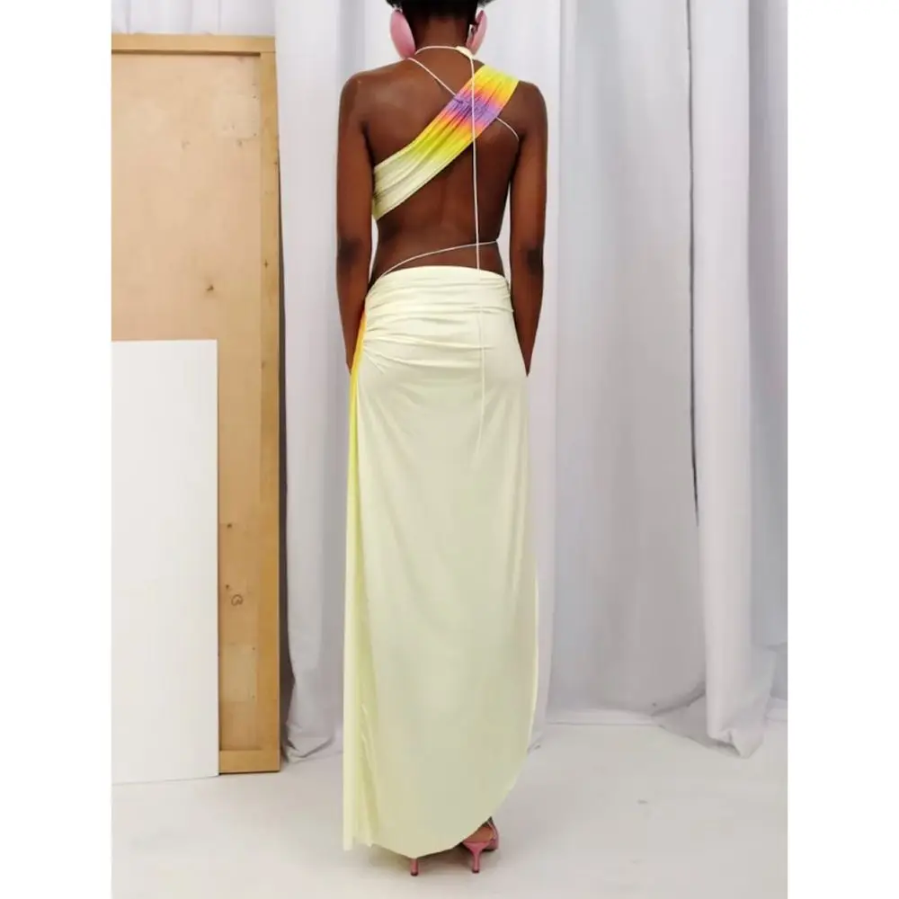 Sexy Gradiënt Kleur Strandjurk Dames One-Shoulder Uitgesneden Maxi Jurk Vrouwen Mode Off Shoulder Mouwloze Strandkleding Gewaden