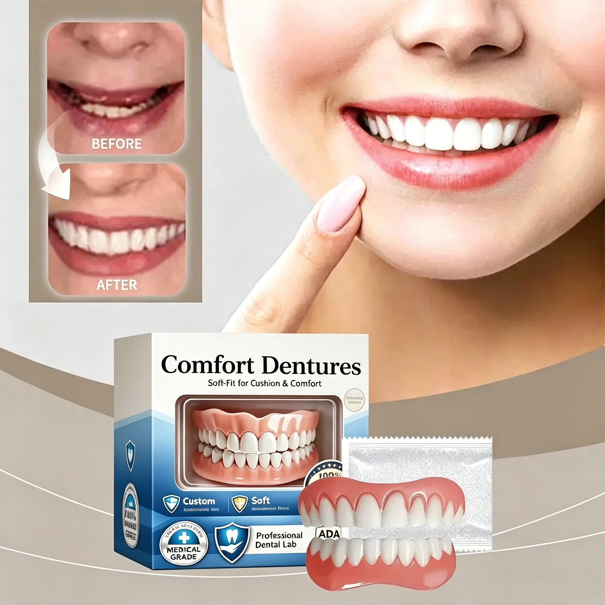 Everyday Silicone Full Denture Kit, Real-Look Upper & Lower Cosmetic Teeth, Universal Fit & Superior Gum Care