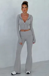 Women Set Autumn Winter Casual Women Two Piece Outfits Knitted Long Sleeve Hoodie And Flare Pants Workout Jogger Set Tracksuit