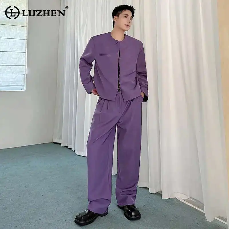 

LUZHEN Spring Korean Round Neck Short Suit Set Simple Elegant Men Casual Trendy Handsome Straight Pants Formal Two-piece LZ7650