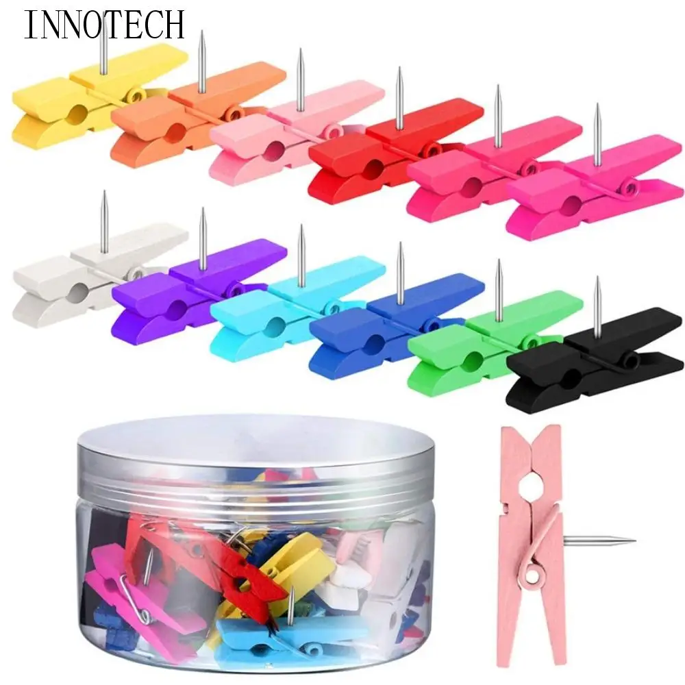 

50Pcs/Box Creative Wooden Clips Push Pin Colorful Decorative Blackboard Push Pins Convenient Durable Thumb Tacks Office