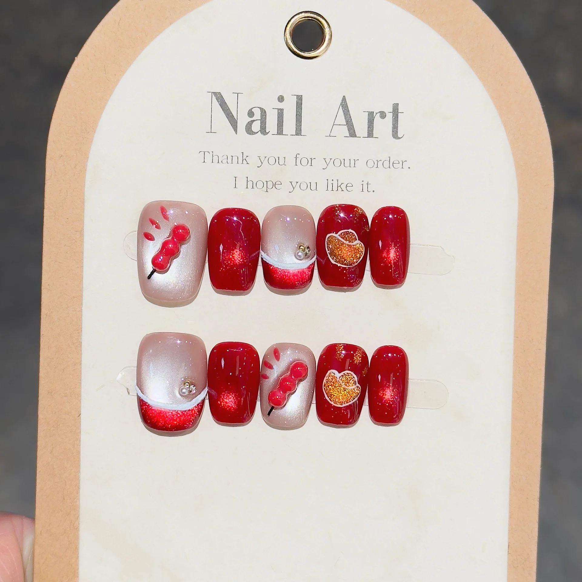 Red French Fake Nails Cat Eye False Nails Checkered Polka Dot Press on Nail with Diamond Design Nails Art Cute Sweet Nail Tips