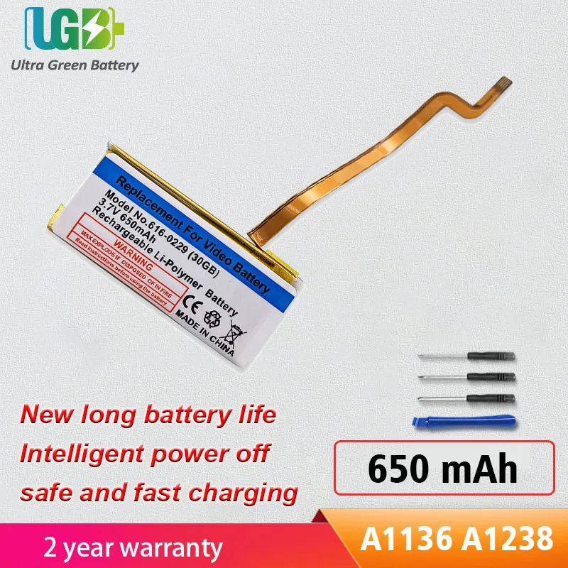 

UGB New Replacement Battery for iPod 5th - 7th Generation Video Classic A1136 A1238 616-0229 3.7V 650mAh