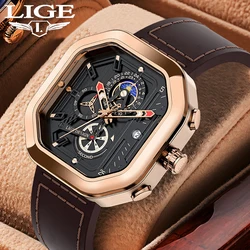 2024 LIGE Business Leather Watch For Men Top Brand Luxury Mens Watches Waterproof Quartz Wrsitwatch 24 Hours Moon Phase Clock