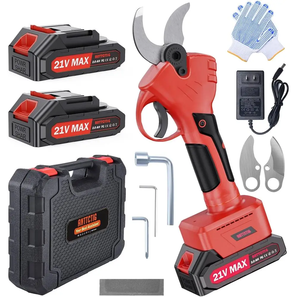 

60mm Cutting Diameter Electric Pruning Shears with 2x2000mAh Batteries and Replacement Blades, Red