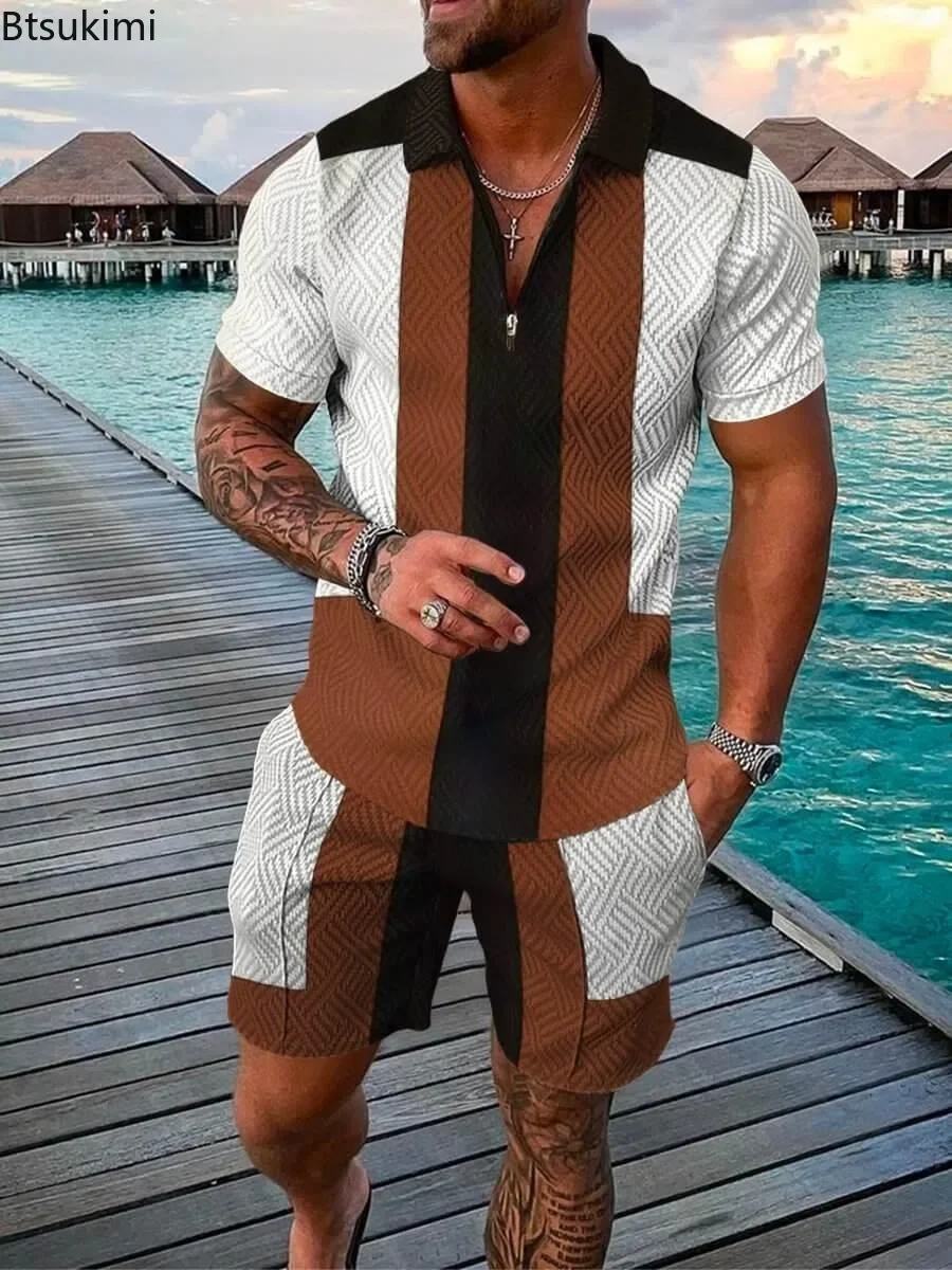2025 Men's Summer Suit Sets 3D Printing Zipper Polo Shirt + Shorts Two Piece Set Soft Fashion Casual Men Clothing Tracksuit Sets