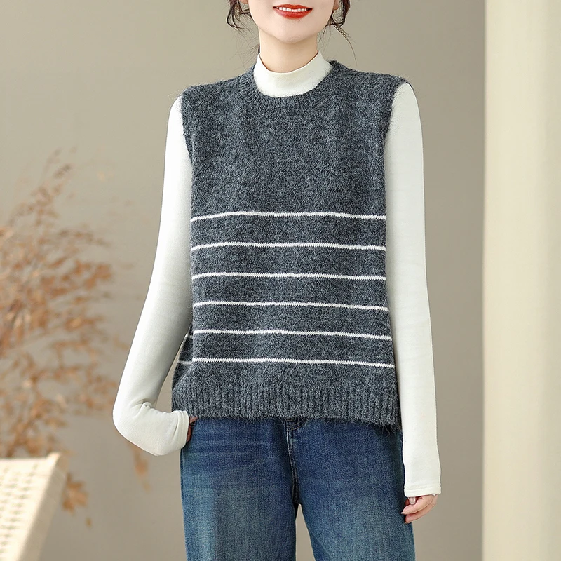 Faionable Gilet maglione lavorato a maglia retrò da donna rotondo Ne Svel Fce Feel strisce verticali Autunno Inverno Nuovo Sle Sim...