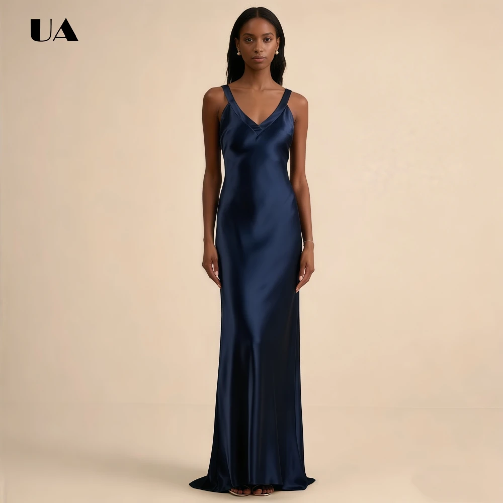 

ULBYANRY Elegant Satin V-neck Crisscross Backless Party Dress, Customized Straight Evening Dress, Simple Sleeveless Prom Gown