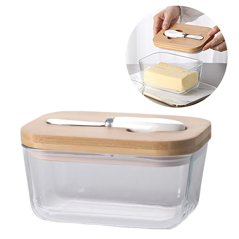 

Rectangular Glass Butter Box Kitchen Sealed Jar With Ceramic Knife Simple Household Creative Butter Cheese Box With Dust Cover