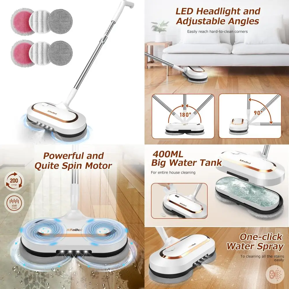 

Cordless Spin Mop for Floor Cleaning with LED Light, 400ML Tank, 60 Minutes Runtime, Li-ion Battery, Long-Lasting and Efficient