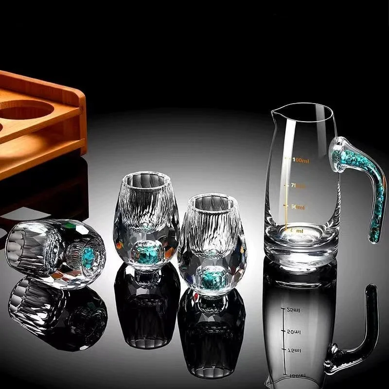 Gold Foil Baijiu Cup Wine Dispenser Set Household Small Wine Glass One-shot Glass Chinese Wine Set with Graduated Cup Holder