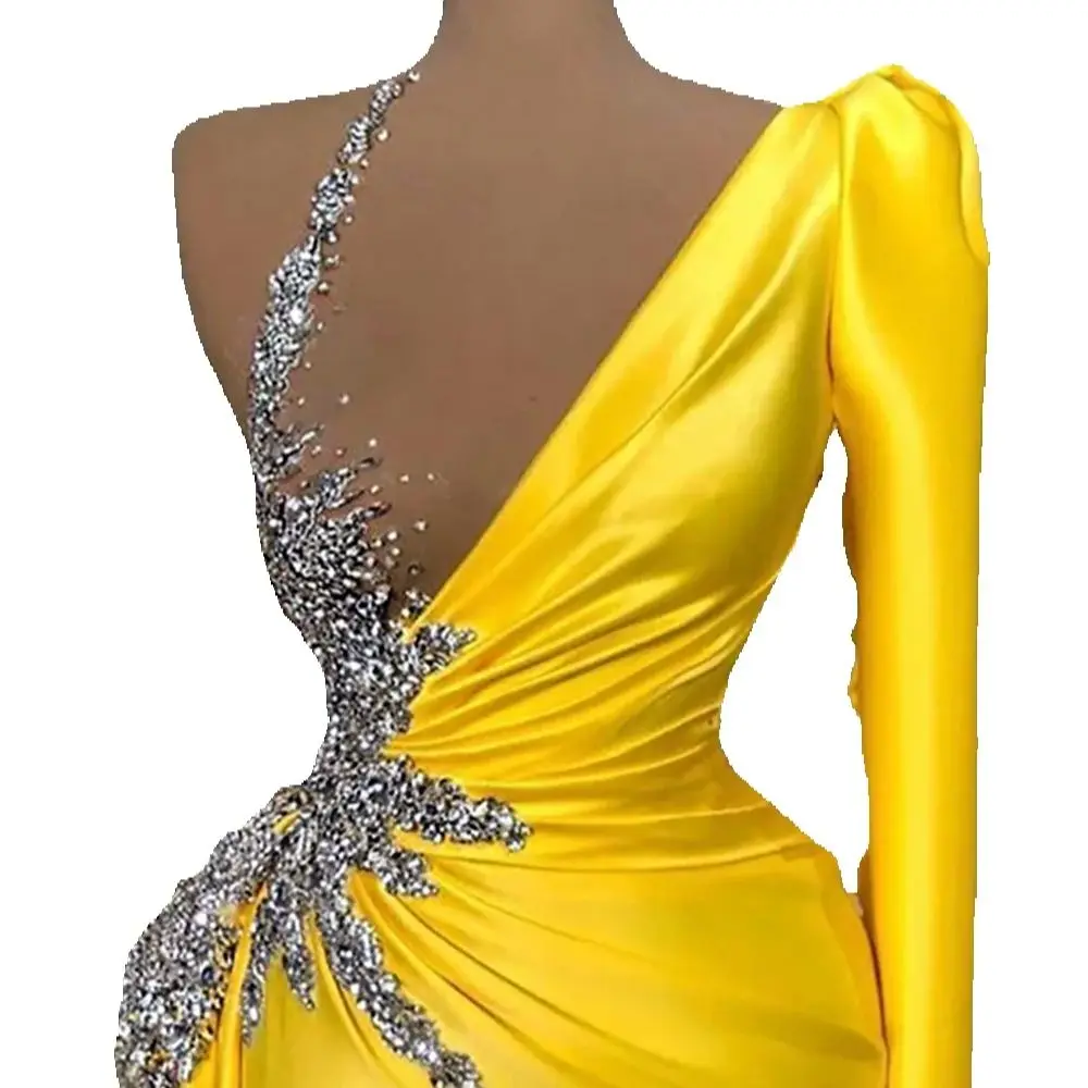 Women Prom Dresses Golden One Shoulder Long Sleeve Sexy Illusion Floor Length Mermaid Sequined Evening Party Banquet Gowns