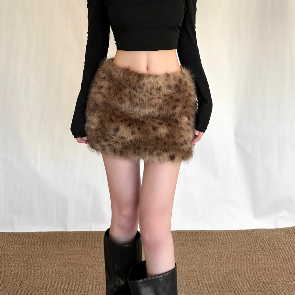 SylCue Leopard Print Furry Design Mini Skirts Woman Elastic High Waist Skinny Wrap Hip Hot Girls Street Fashion Classic Bottoms