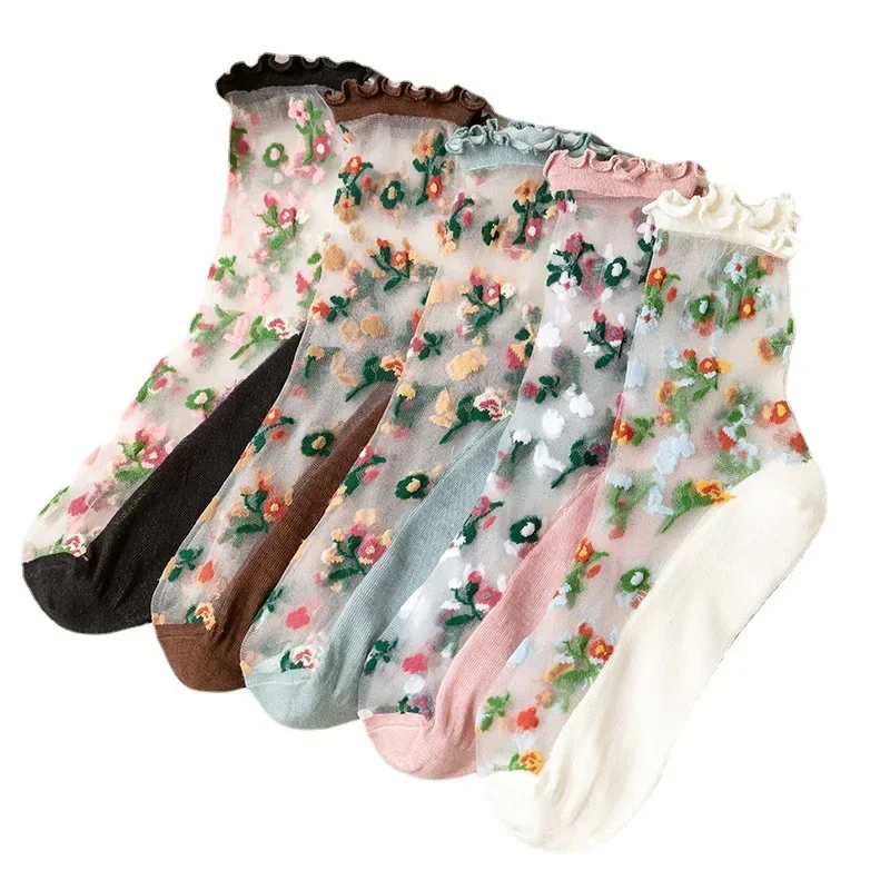 

12 Pairs Ultra-Thin Transparent Crystal Silk Socks Women Fashion Summer Harajuku Retro Flower Streetwear Elastic Long Socks