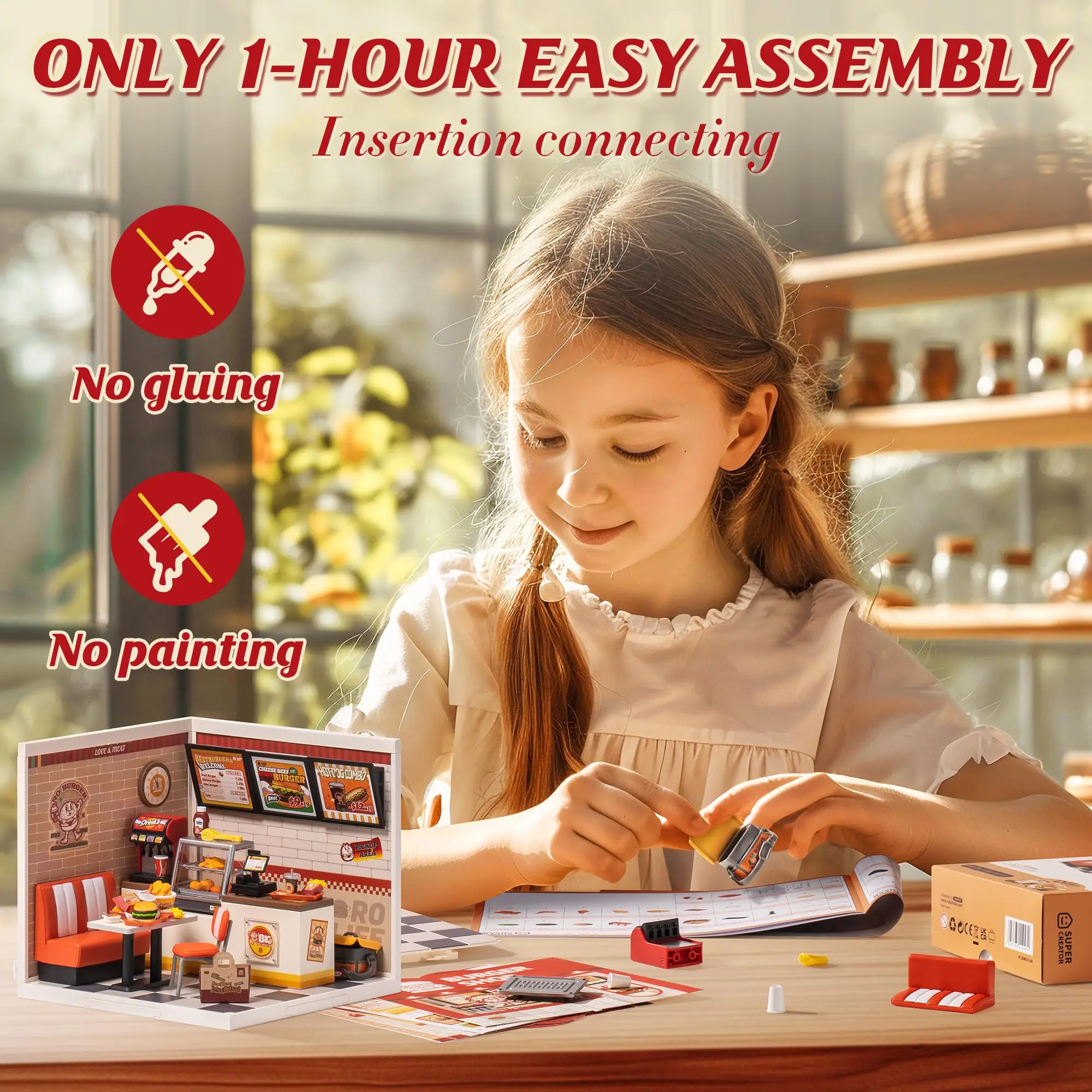 ROBOTIME Kit de casa em miniatura DIY, kit de artesanato de construção de modelo de casa de bonecas com LED, presente de coleção de decoração de quarto para crianças (loja de hambúrguer)
