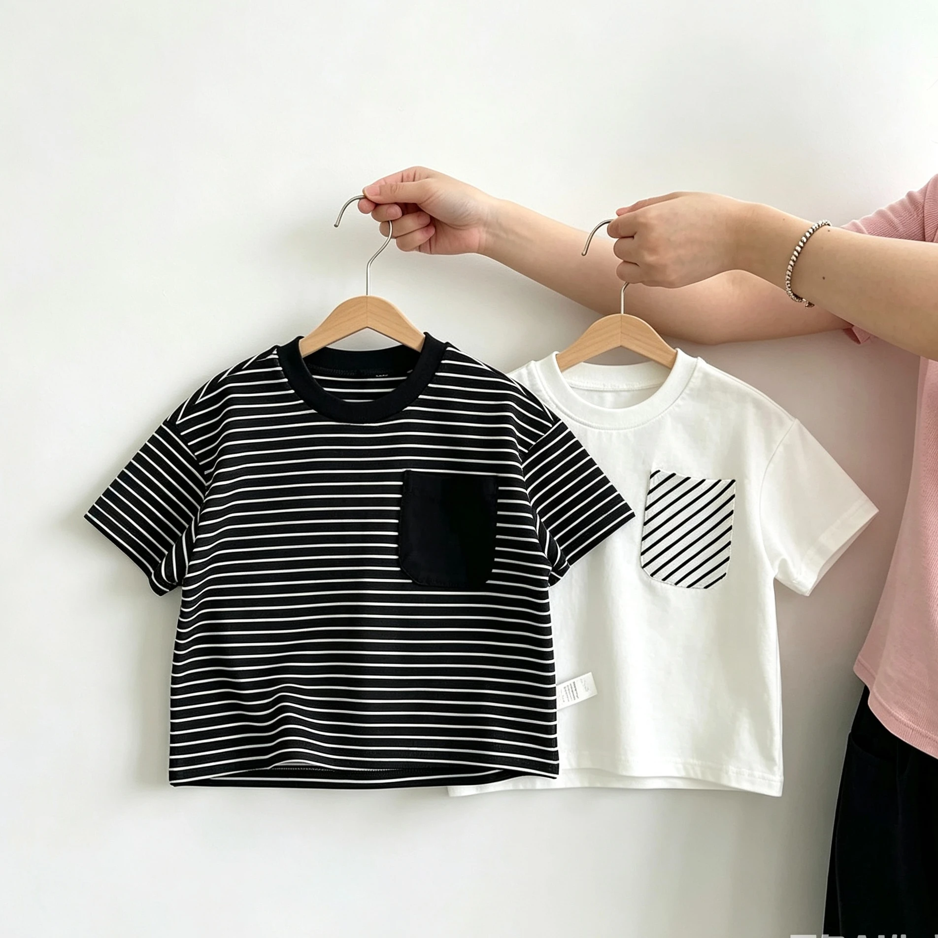 Solid Color Versatile T-shirt Crewneck Pullovers Loose Casual Summer Wear Striped Tees Children Trendy Tees Short-sleeved Tops