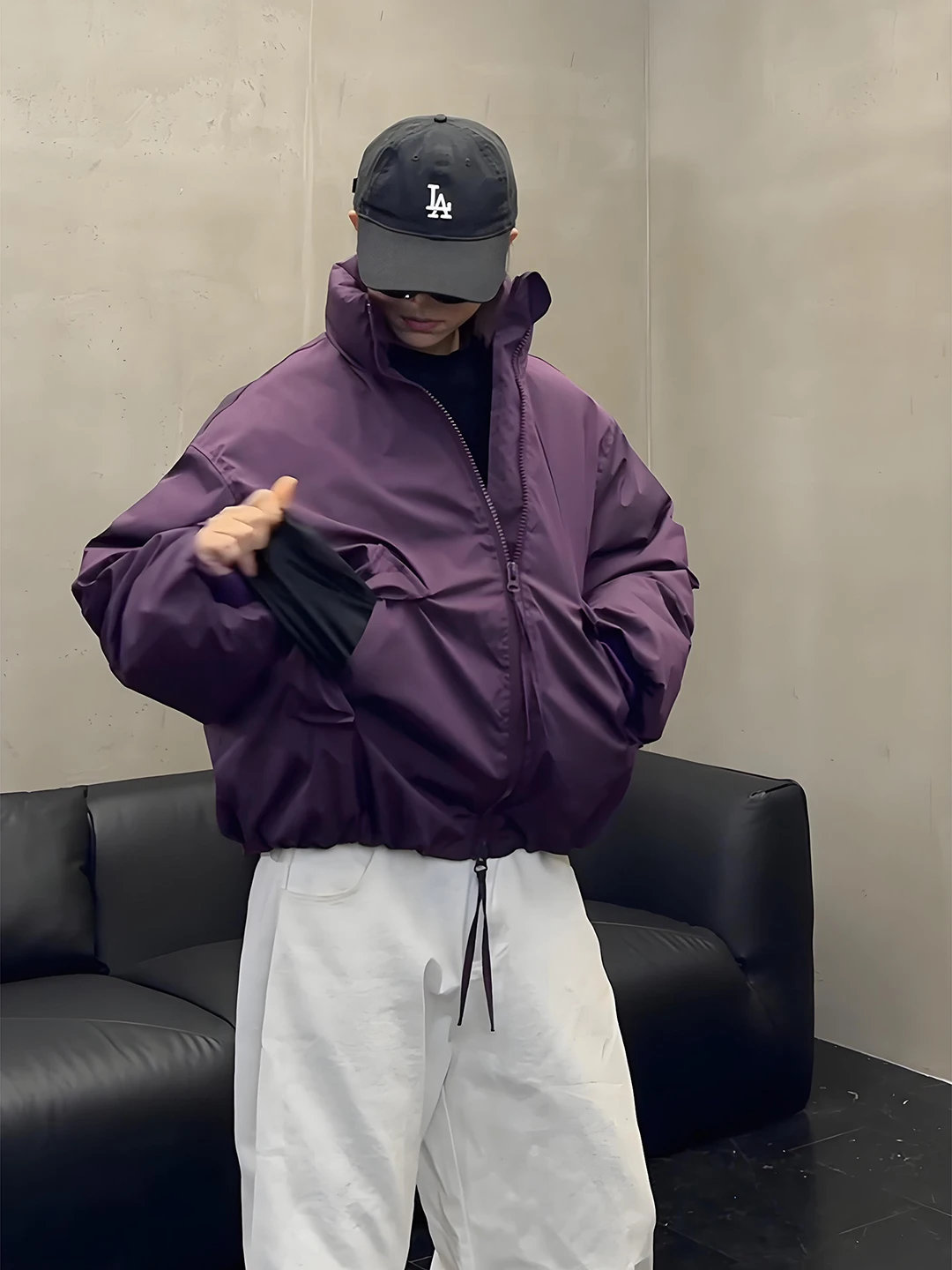 Purple Short Boxy Cotton Jacket Double-Sided Wear Pilot Style Men's Winter Coat CleanFit Long Sleeve Zipper Closure  Color