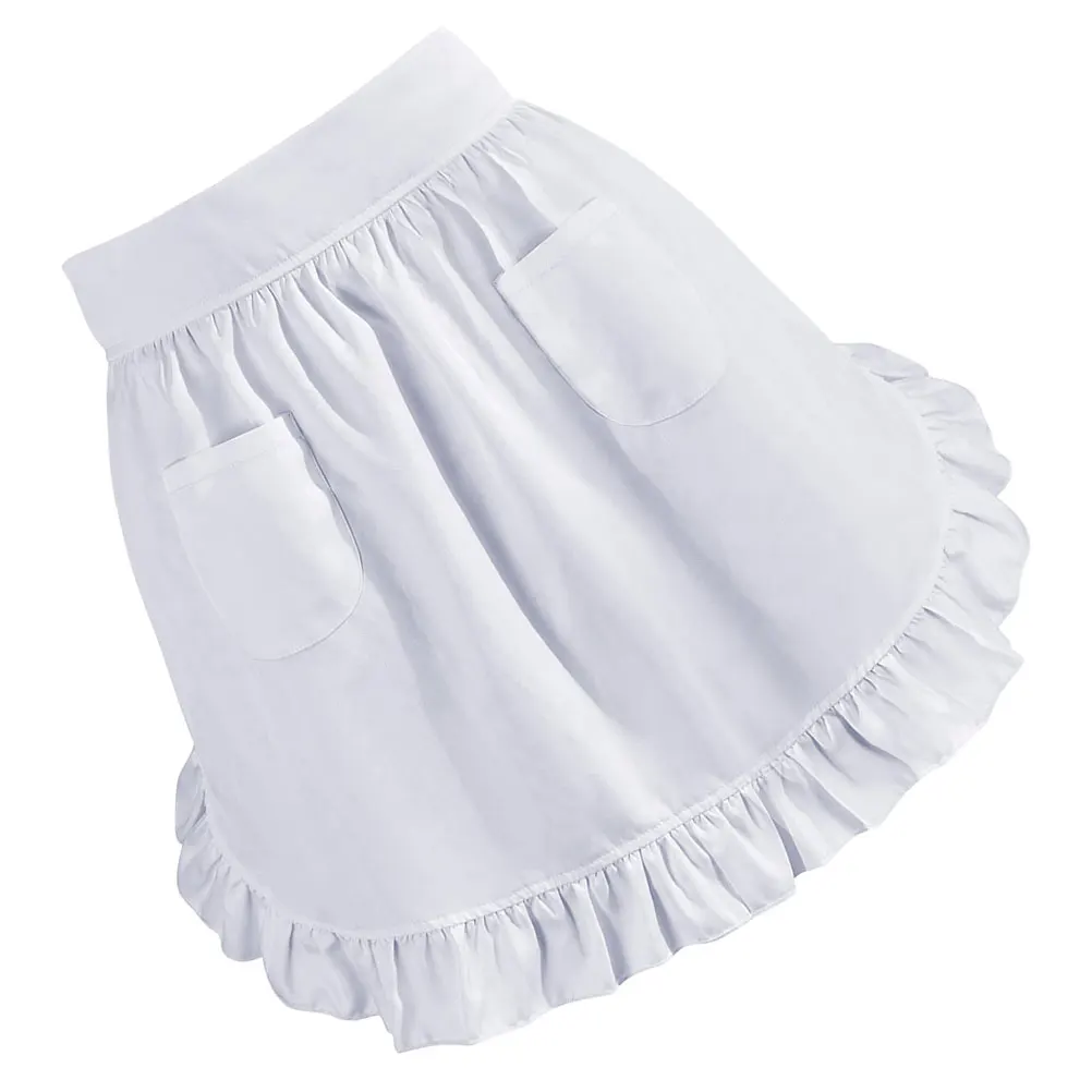 

European Style Womens White Maid Apron Half Waist Ruffled Edge Cooking Baking Kitchen 2 Pockets Waitress Server Apron