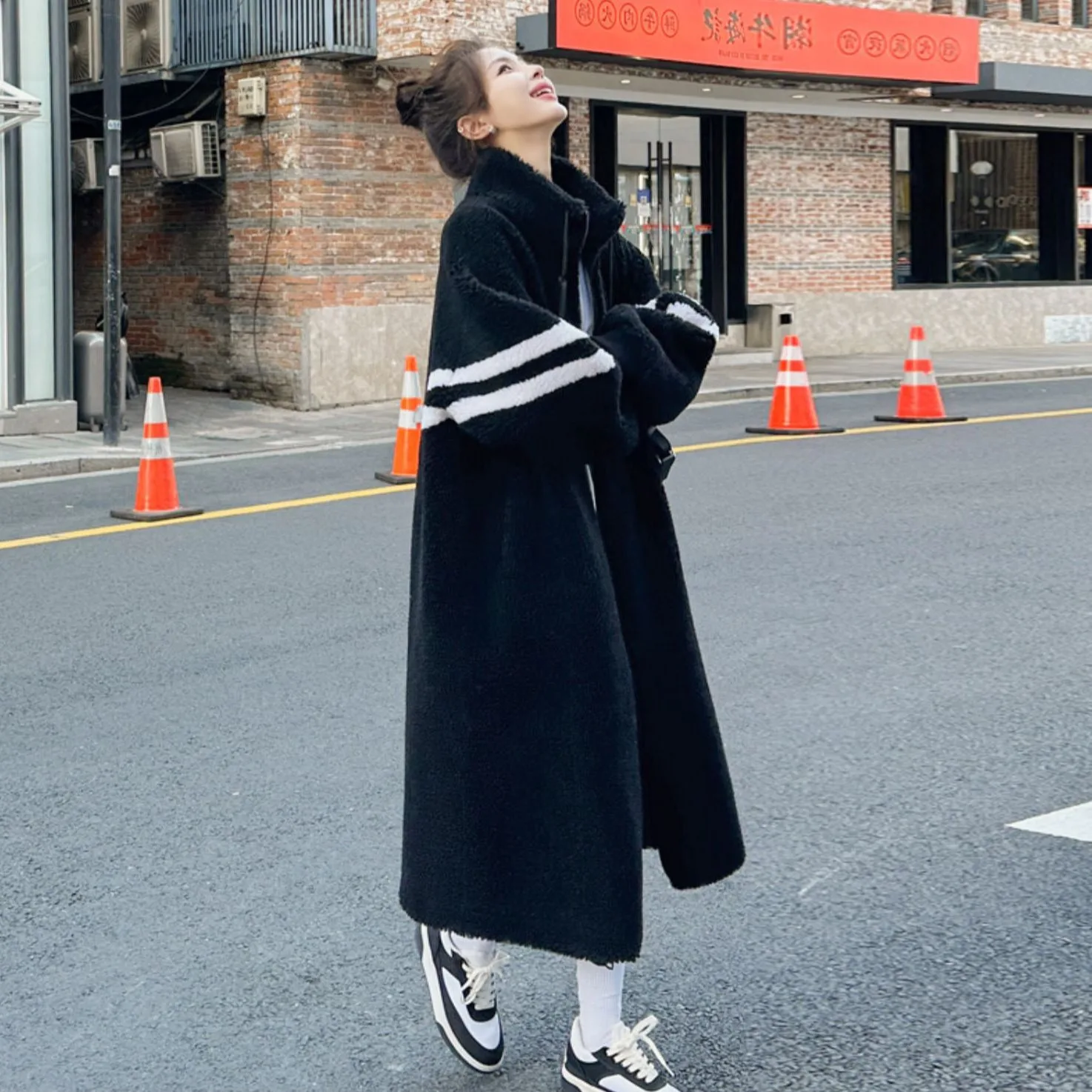 Women's Lambswool Long Style Faux Fur Coat, Thick Jacket, Keep Warm, Cotton Clothes, Fashion, All in One, Autumn, Winter