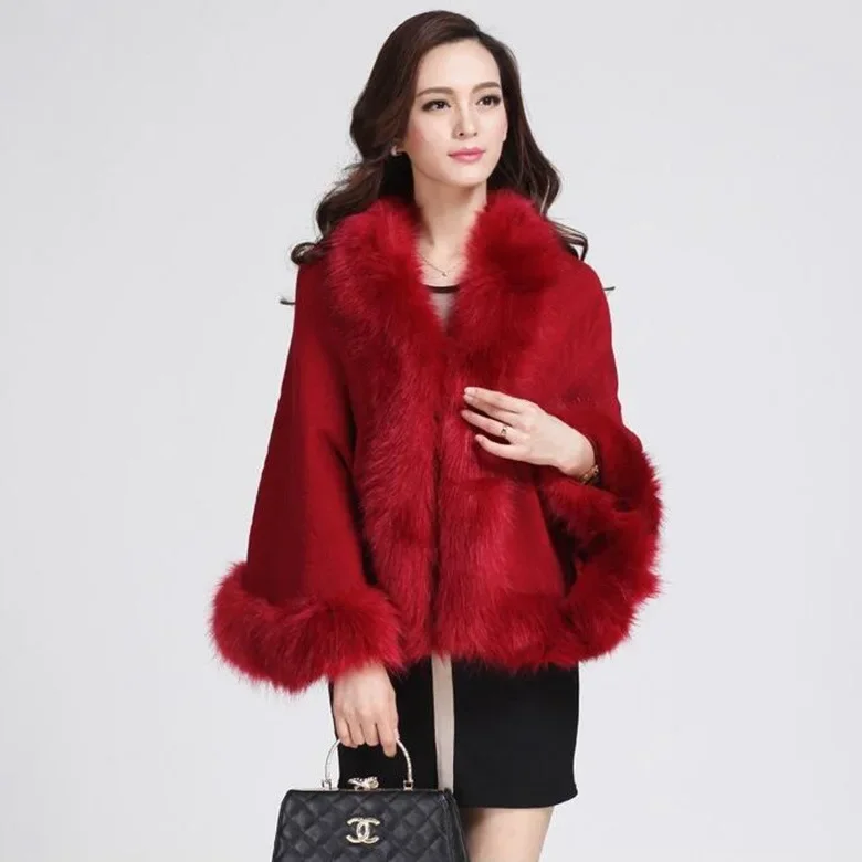 Autumn Winter New Female Cloak Imitation  Fur Cloak Cape Imitation Wool Collar Ponchos Women Capes Coffee