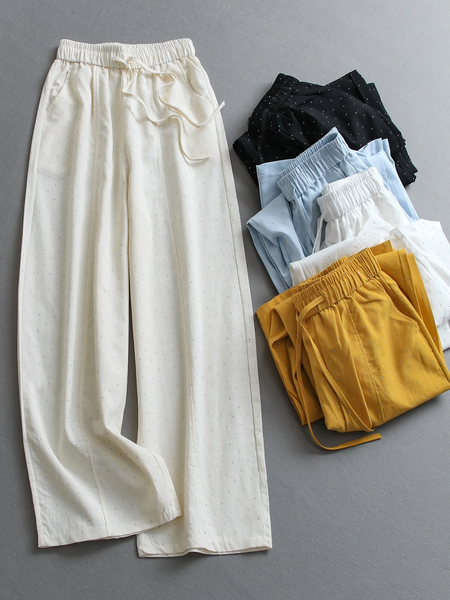 Spring 2026 Women's Casual Wide Leg Pants Elastic Waist Drawstring Loose Knife  Casual Trousers Fashionable All Match