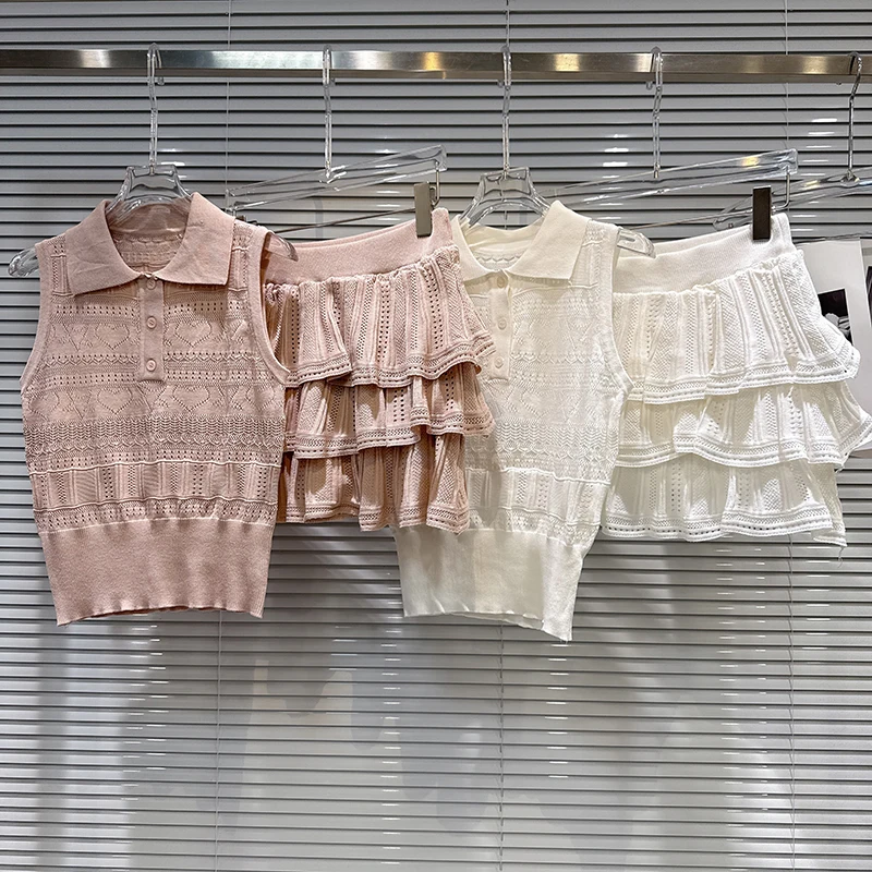 

Spring Autumn Fashion Solid Lapel Hollowed-out Vest Tops+high Waist Multiple Layers Knit Mini Skirt for Women Two-piece Set