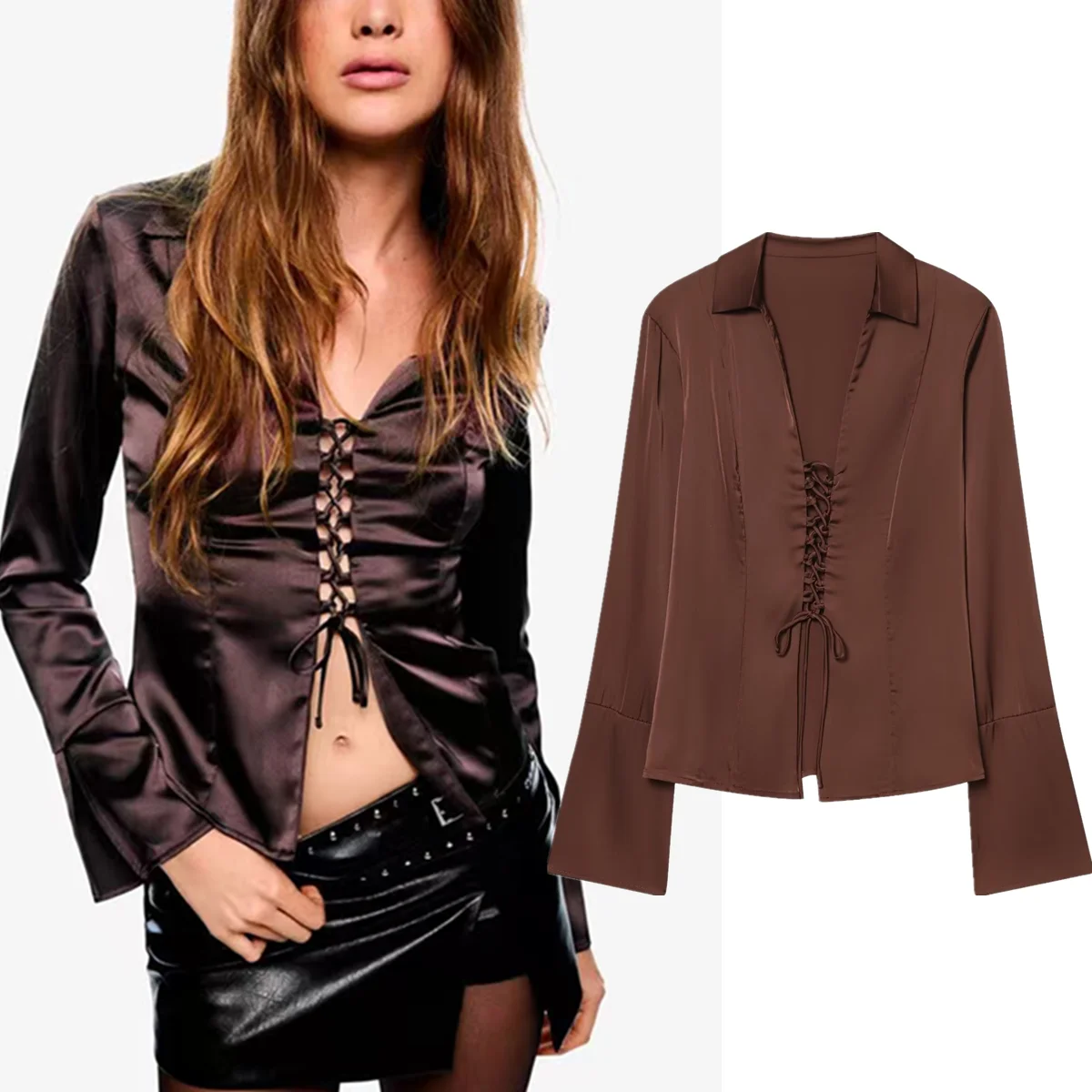 

Jenny&Dave 2026 Spring Summer Ins Fashion Blogger Sexy Bandage Satin Shirts & Blouses Women's Clothes Shirts Tops