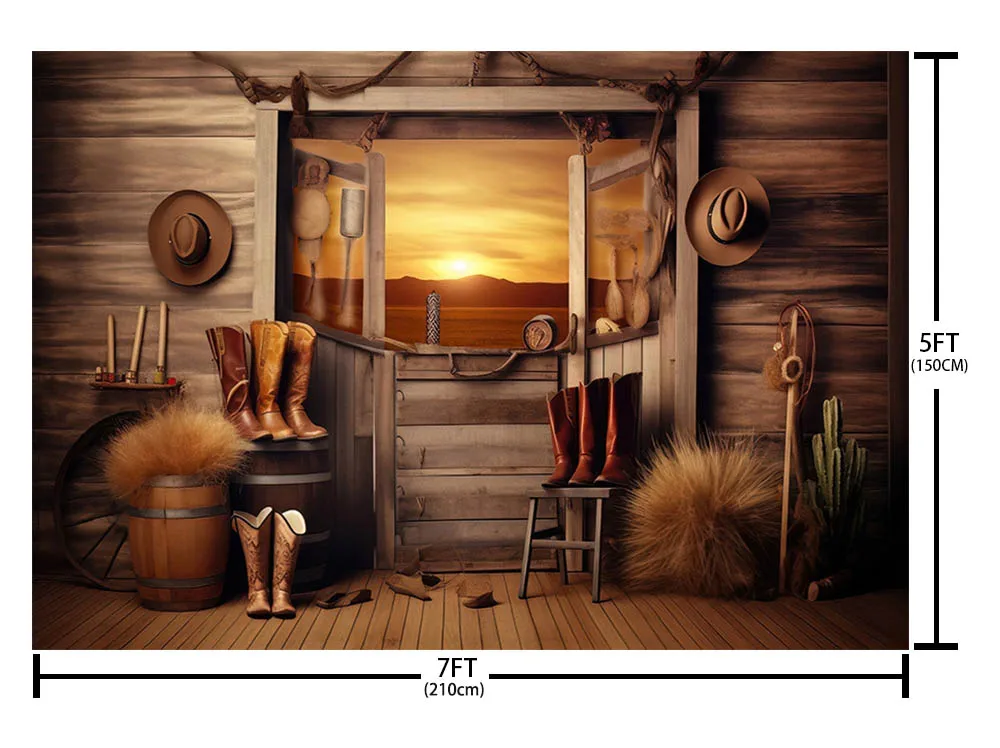 

Mehofond Western Window Boots Photography Background Wood Farm Cactus Kids Cowboy Birthday Party Decor Backdrop Photo Studio