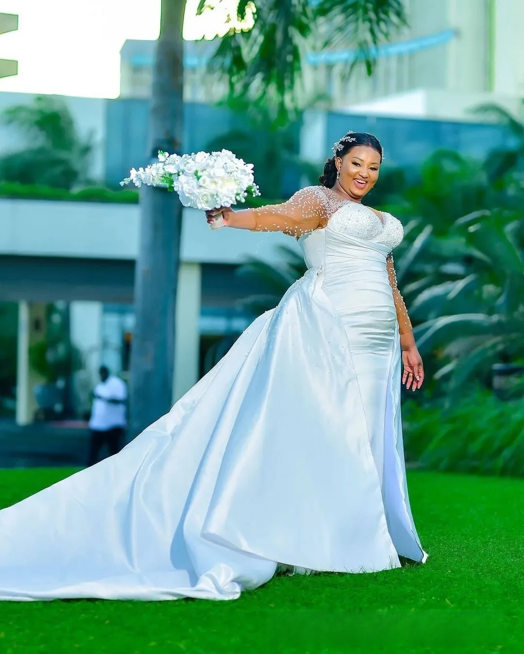 맞춤 플러스 사이즈 신부용 웨딩드레스, 탈부착 가능한 트레인 머메이드 웨딩드레스, 시스루 긴팔 비즈 장식