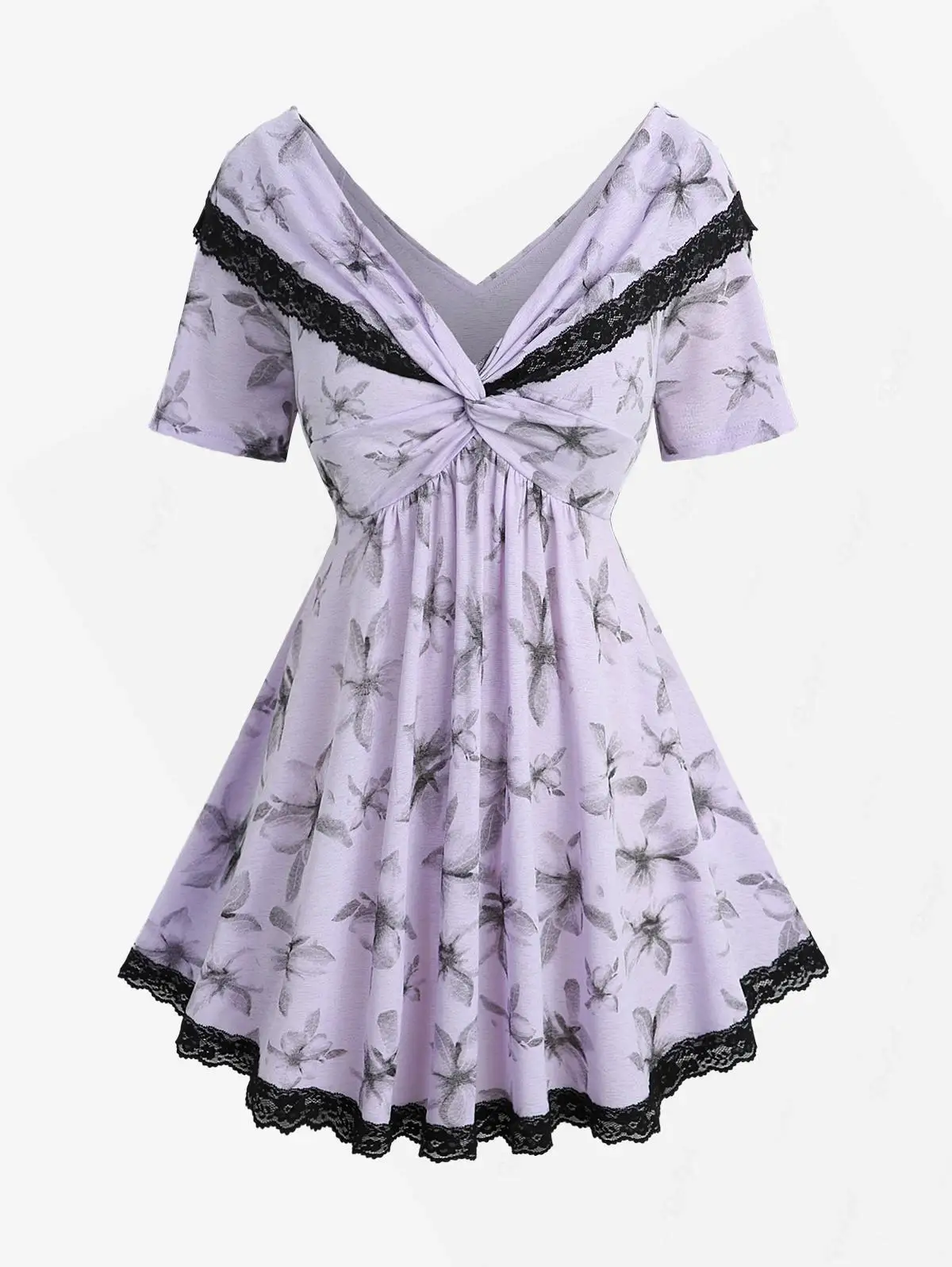 เสื้อยืดผู้หญิงไซส์ใหญ่ ROSRGAL ลายดอกไม้สีม่วง คอเสื้อแบบพันได้ แต่งขอบลูกไม้ เสื้อเปิดไหล่ลำลอง