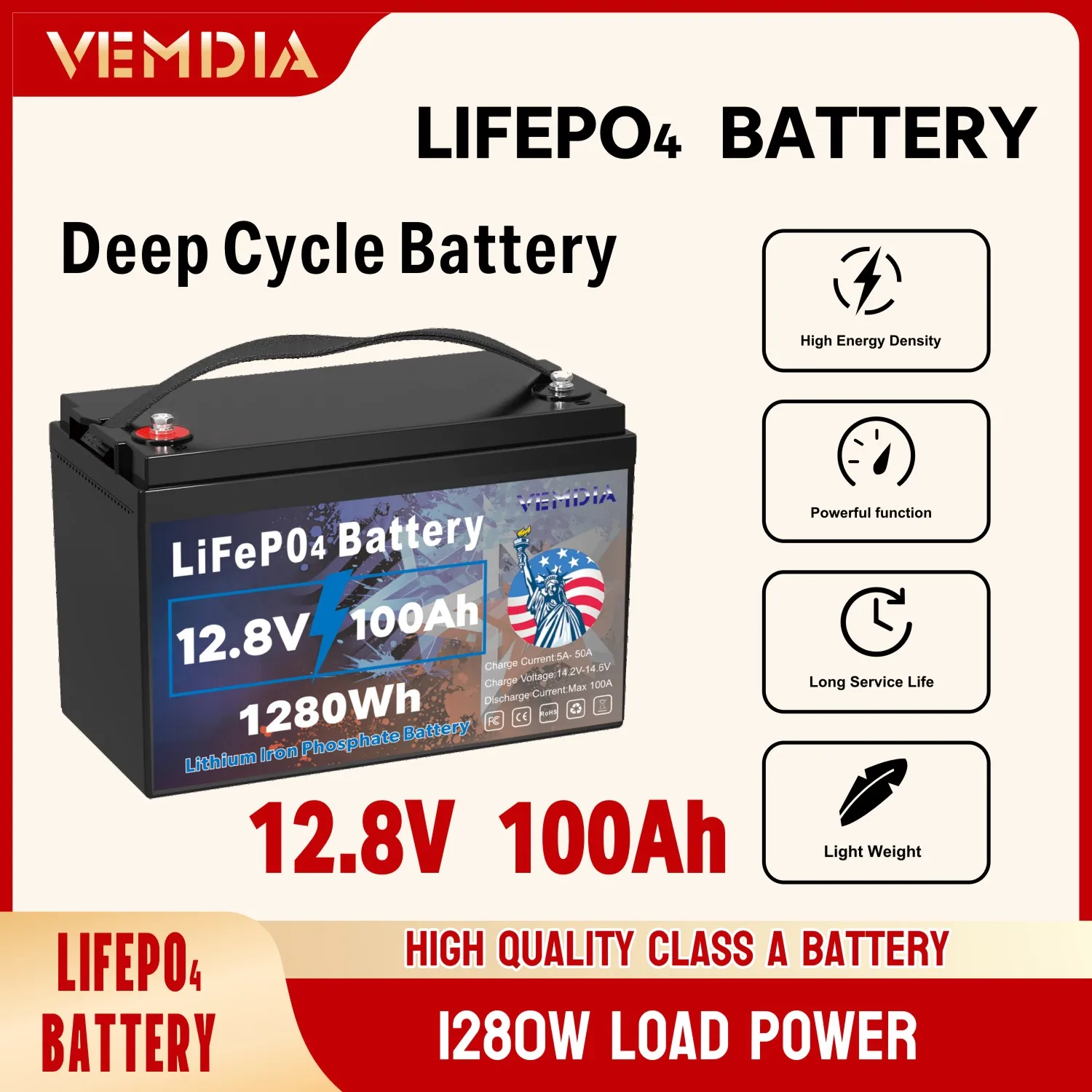 

VEMDIA Портативный аккумулятор LiFePO4 12 В 100 Ач BMS 8000 циклов 1280 Втч Energy для хранения аккумуляторов на открытом воздухе/дома