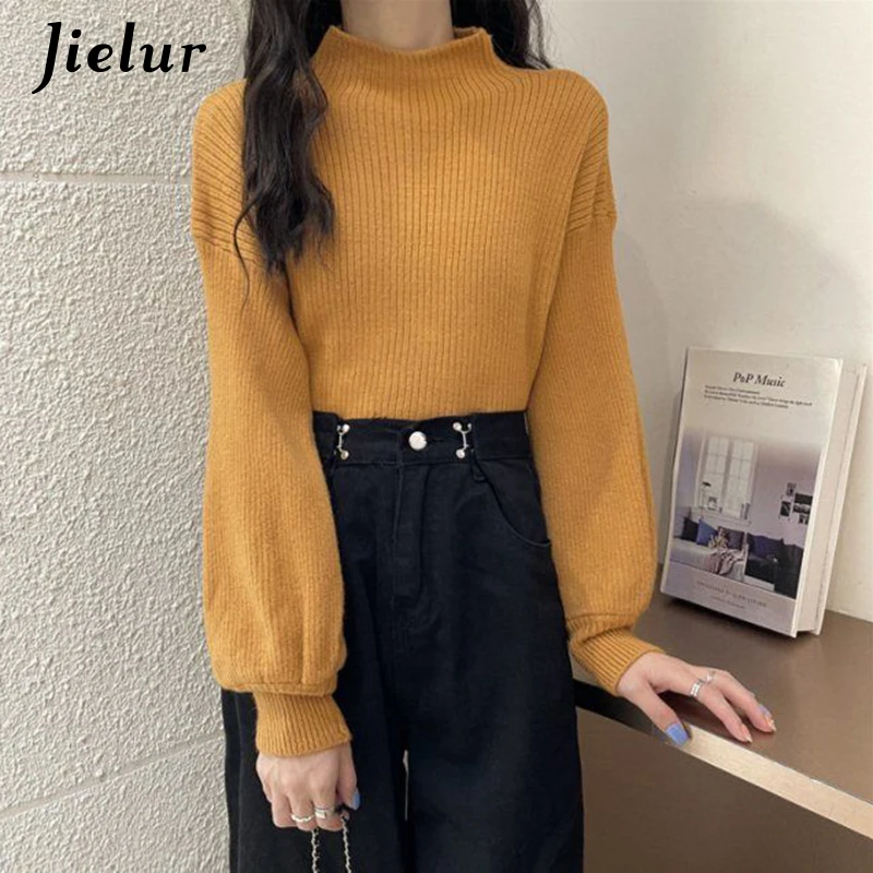 Jielur Lantern Sleeve Sweater Women Turtleneck Office Lady Pure Color Knitted Pullover Loose White Khaki Sweaters for Women