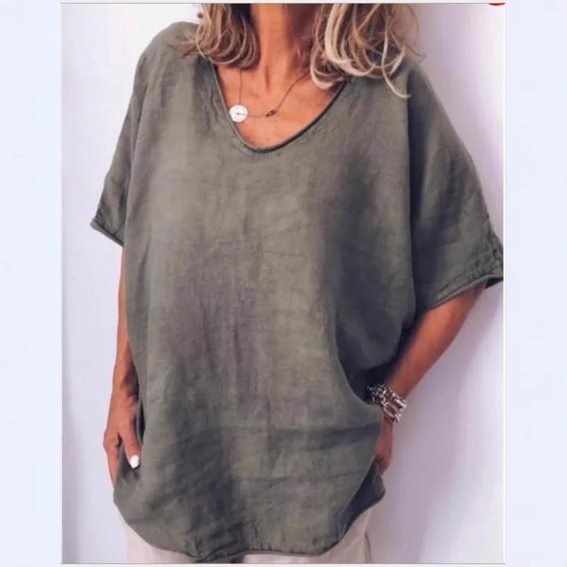 تي شيرت نسائي أساسي مقاس كبير لملابس المانجا ثلاثة أرباع، رقبة دائرية، لون خالص، قميص عصري