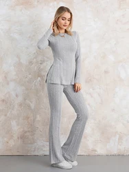 wsevypo Grey 2 Piece Knit Ribbed Suits Women Autumn Casual Streetwear Sets Long Sleeves O-Neck Sweatshirt and Bootcut Pants