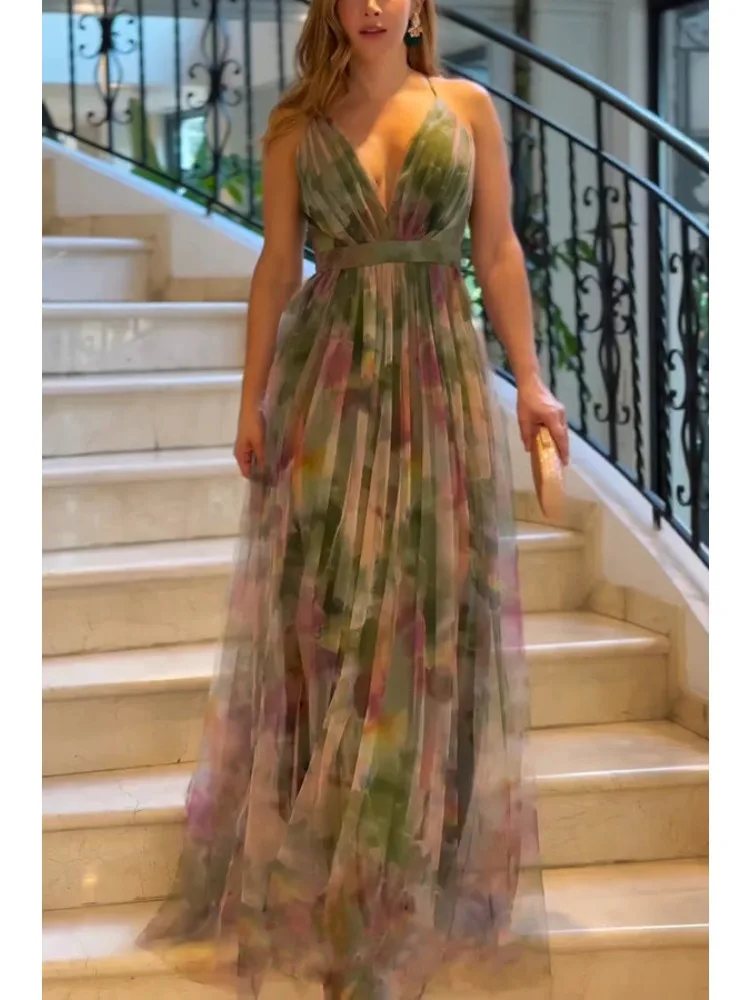 Fashion Women's Floral Print Party Dress V-Neck Sleeveless Lace Up Maxi Long Dresses Ladies Holiday Party Club Dress Robe