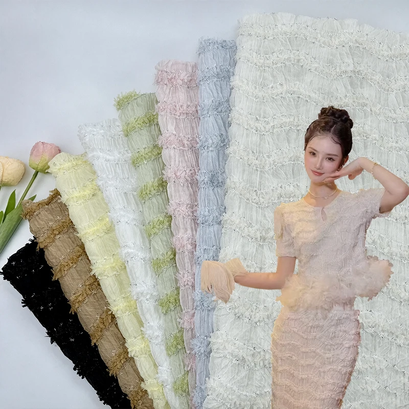 Arrival Bright Silk Stripes Tassel Fabric Korean Style Women's Dress Wedding Dress Decoration Elastic Embroidered Sewing Fabric