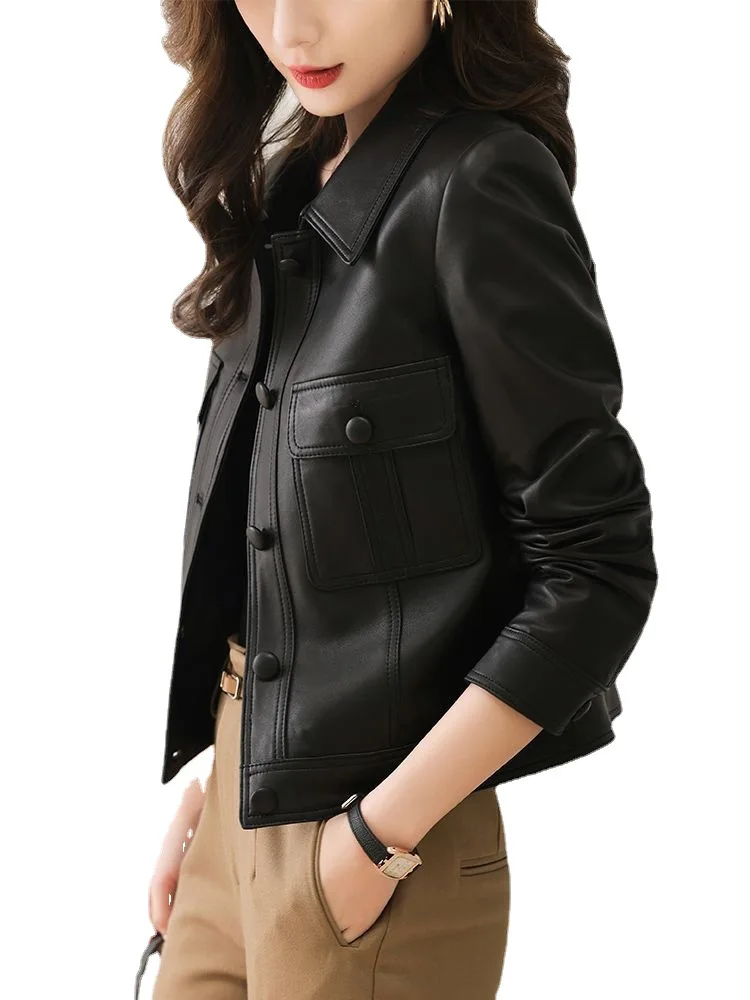 Leather Jacket Women\'s Clothing Autumn Spring 2023 PU New Coat Lapel Jacket Fashion Cardigan Outifits Long Sleeve Top Short Coat