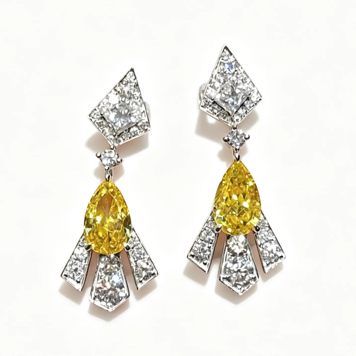 Vintage Art Deco Drop Dangle Earrings For Women Pear Cut Yellow Cubic Zirconia Silver‑Tone Pave White CZ Long Tassel Earrings