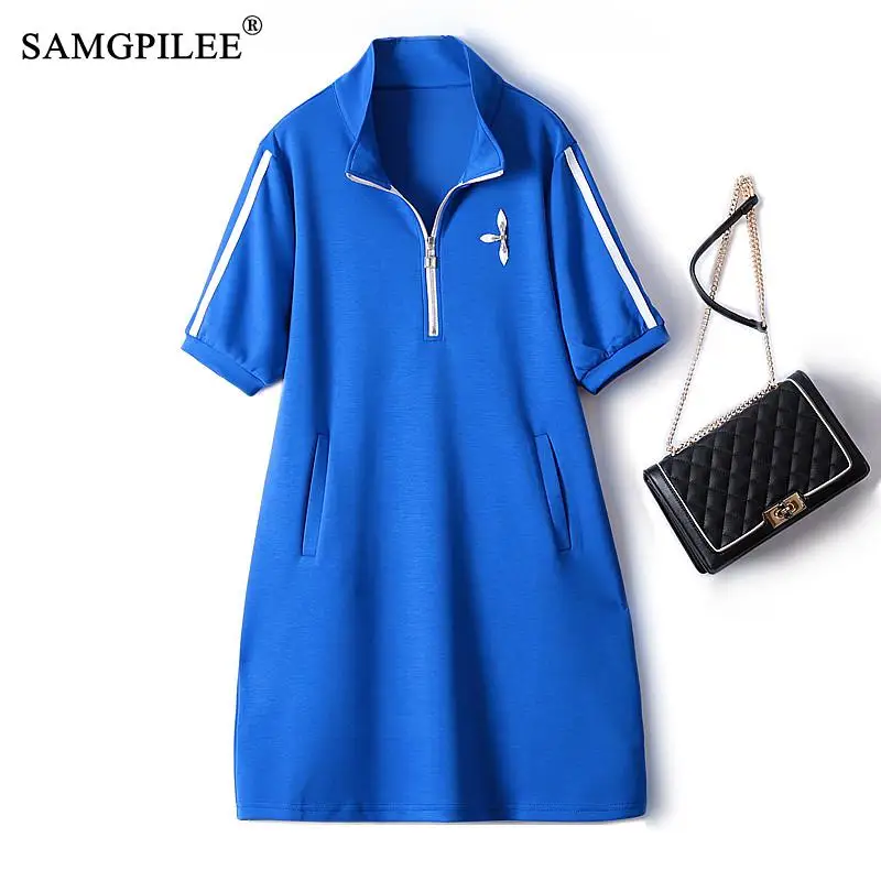 

Summer Dresses Woman 2022 New Korean Fashion Air Cotton Stand Collar Side Patch Striped Casual Female Party Black Dress 4XL