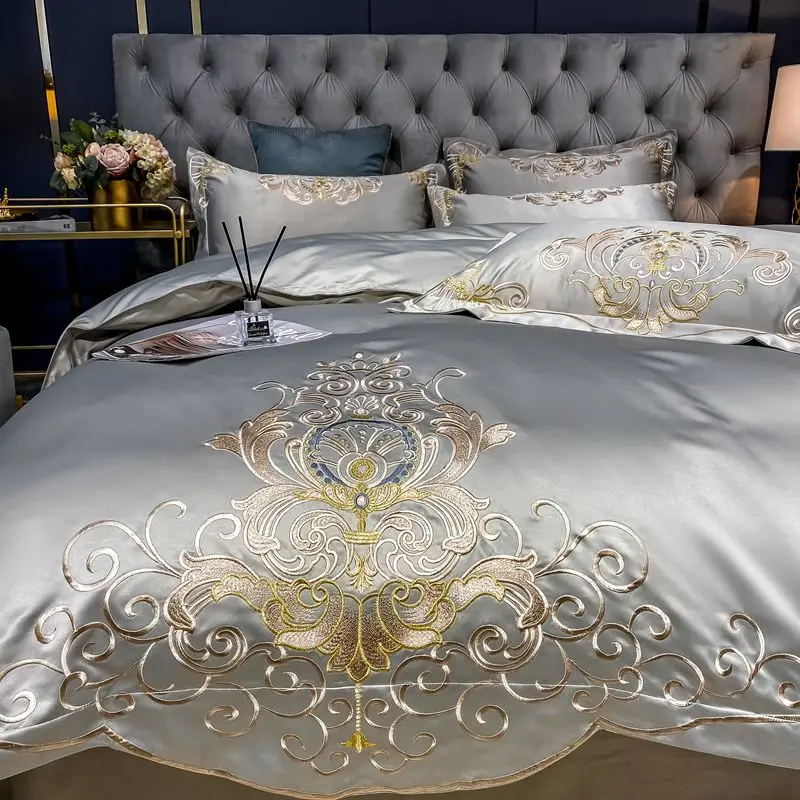 

4Pcs High-End European Style High Count Double-Sided Cotton 100% Embroidered Bedding Duvet Cover 200x230 220x240 Four Seasons