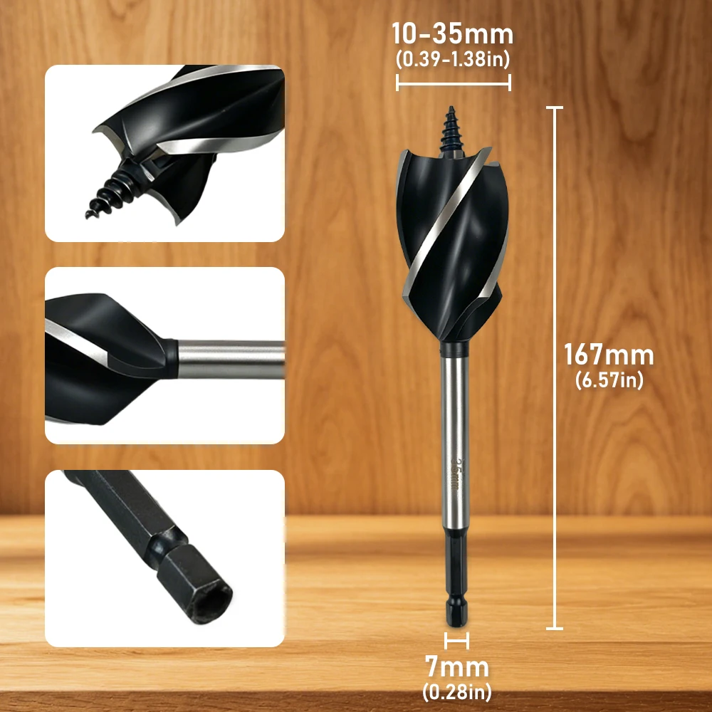10/35mm Spiral Drill Bit, Four-Flute Wood Drill Bit, Fast Cutting, Hole Expanding and Grooving Tool for Wood