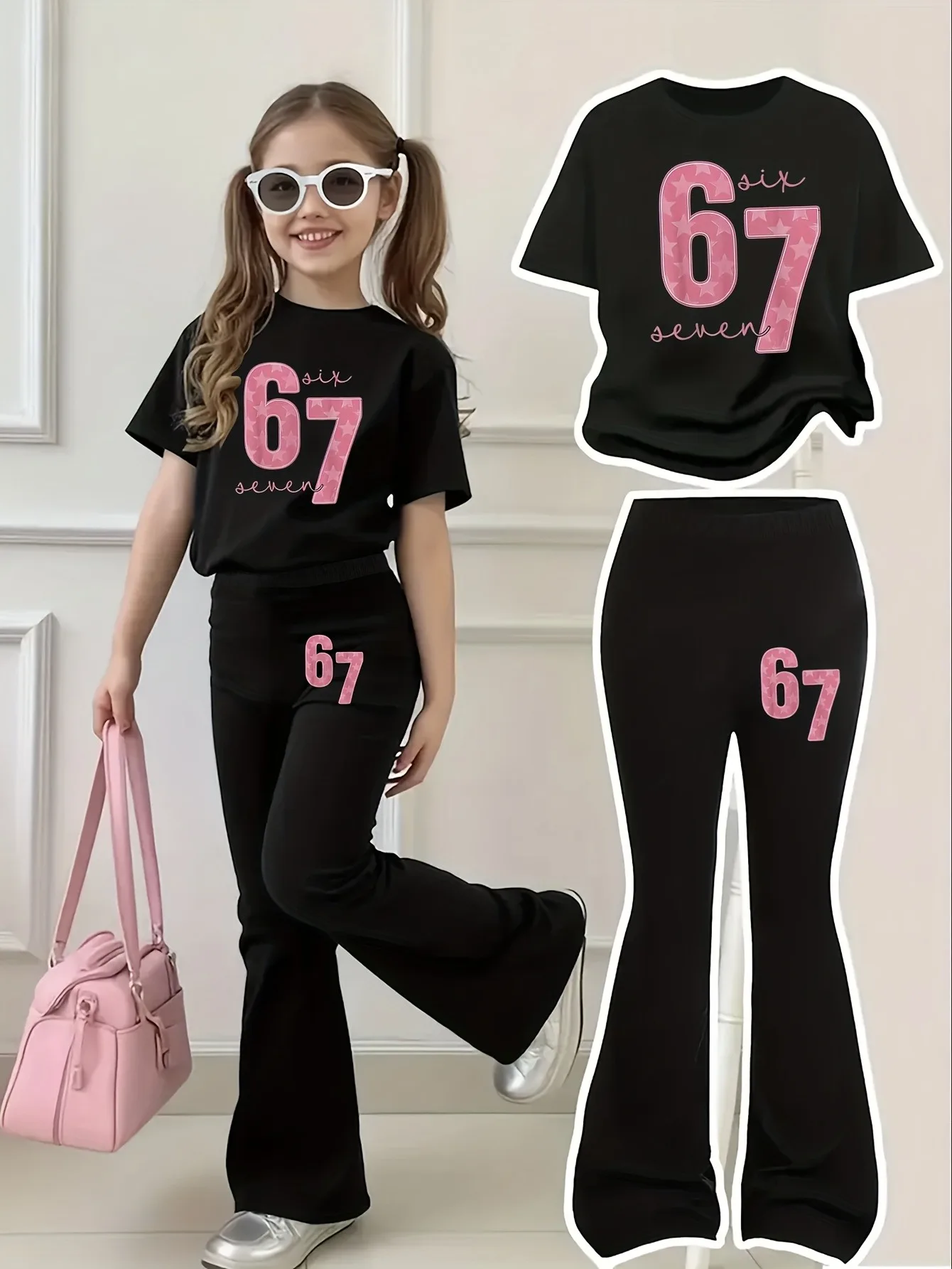 Zweiteiliges Outfit für Mädchen mit rosa Stern- und Nummer-67-Aufdruck, kurzärmliges T-Shirt und Schlaghose, lässiges Streetwear-Set für Kinder