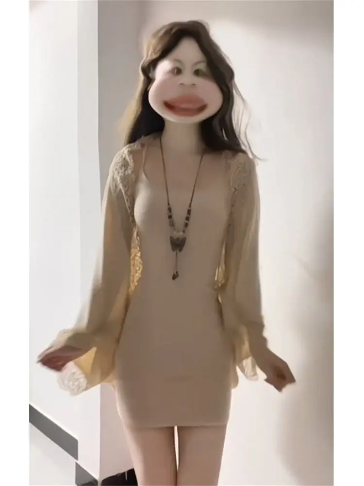 

Korean Style Elegant Sister Set Women's Spring New Lace Shawl Complete Set OOTD Matching Strap Dress Casual Fashion Set